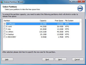 Select partition to shrink