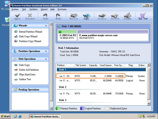 réduire la bonne partition dans windows 2003