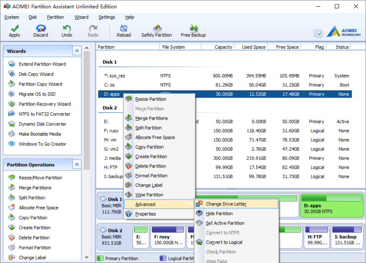 How to change drive letter with Partition Magic Server?