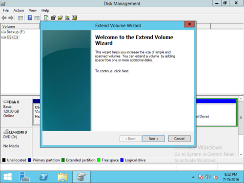 Extend volume wizard