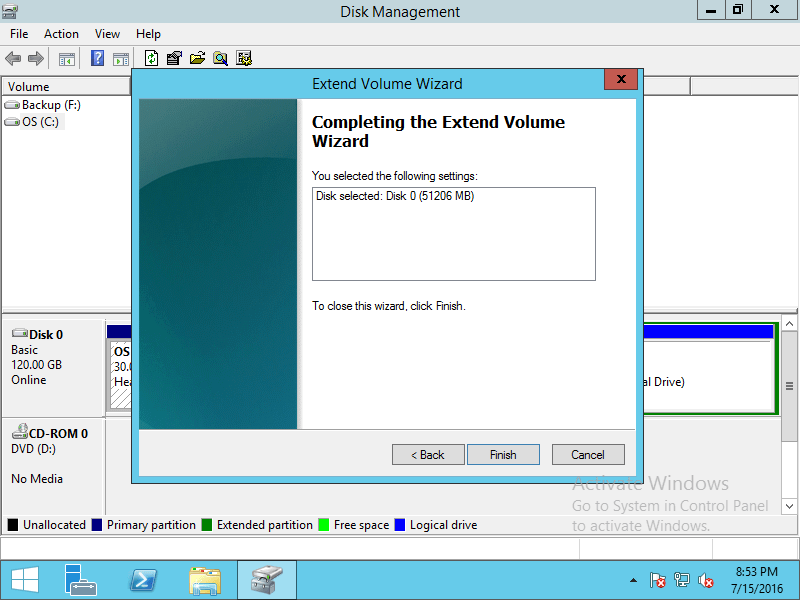 Свободное место на диске Windows Server 2012. Extend system