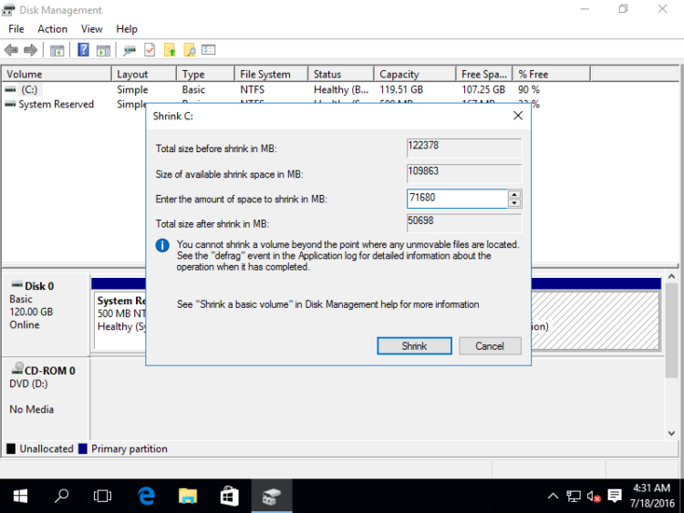 Windows Server 2016 shrink volume/partition without data loss.