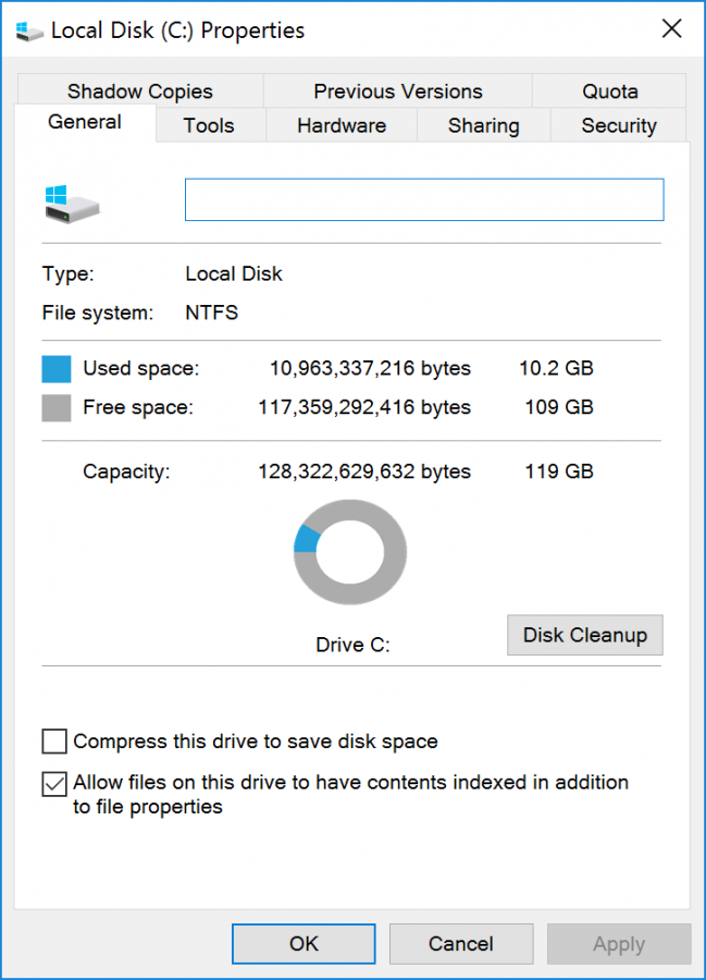 Free up disk space in Windows Server 2016 with Disk Cleanup.
