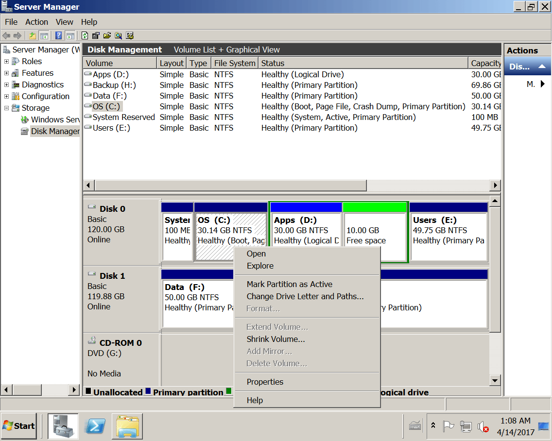 Windows Server 2008 R2 Extend Volume Greyed Out Disabled